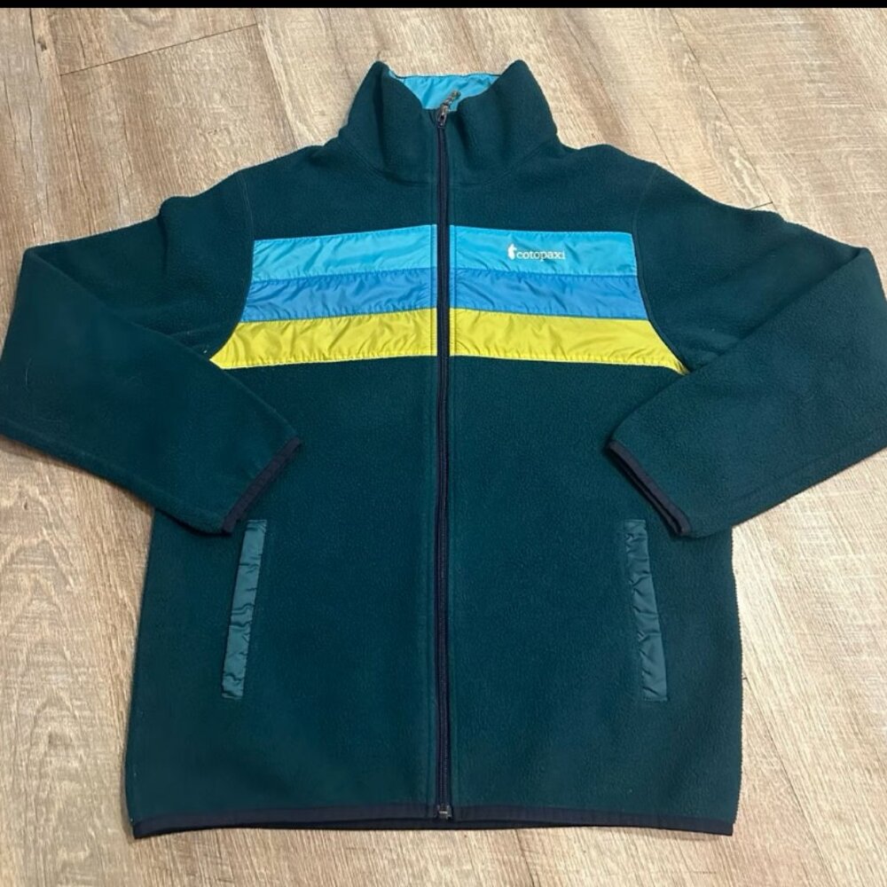 cotopaxi Teal Fleece Jacket with Blue and Yellow Stripes